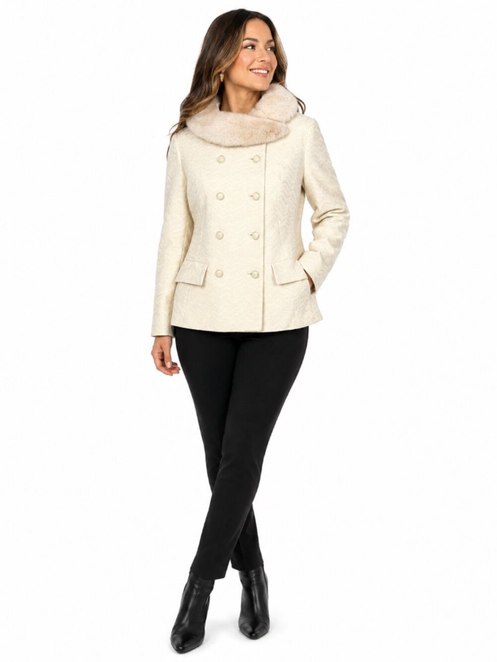 Vintage White Chevron Double-Breasted Jacket with Mink Fur Collar